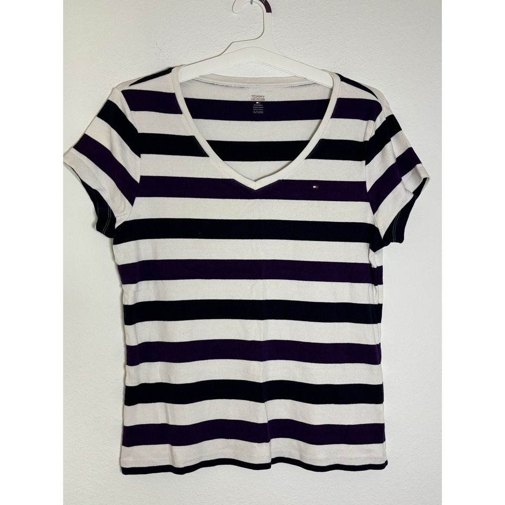 Tommy Hilfiger Womens XL V-Neck T-Shirt Purple White Striped Short Sleeve Tee